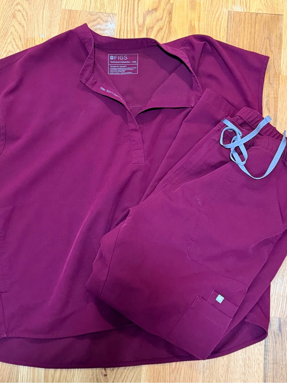 Figs Women’s Burgundy Scrub Top and Pants with Light Gray Drawstrings